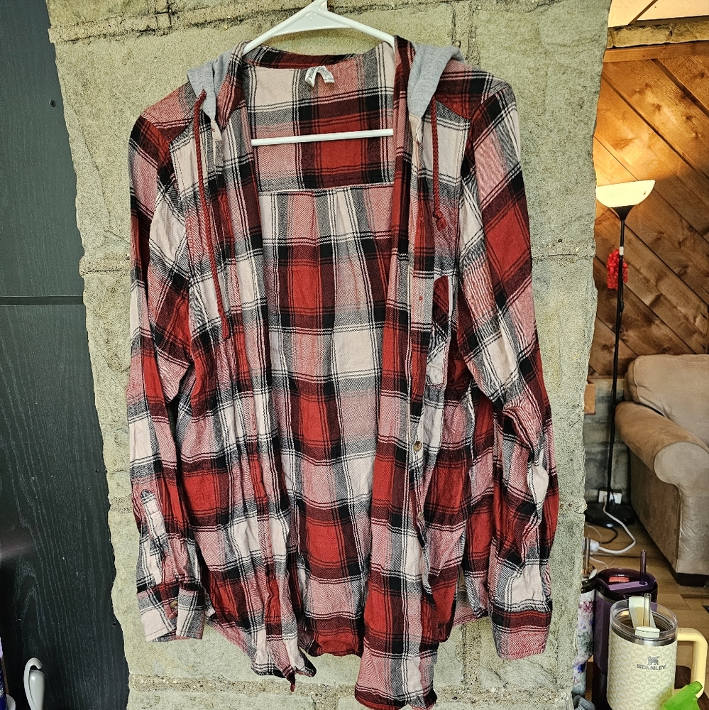 Mudd Red and Black Plaid Women's Button Down Shirt with Hood